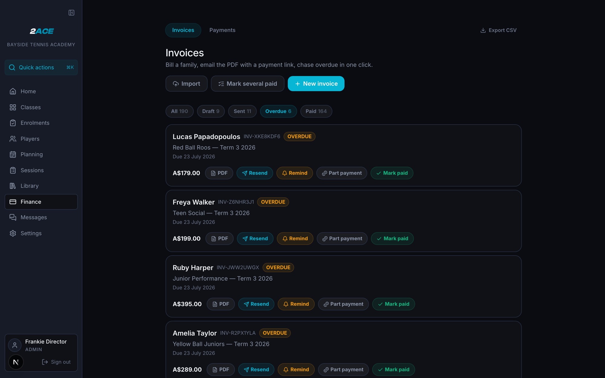 The invoices screen in 2ACE, filtered on overdue: each row shows the squad, the amount in Australian dollars and a remind button.
