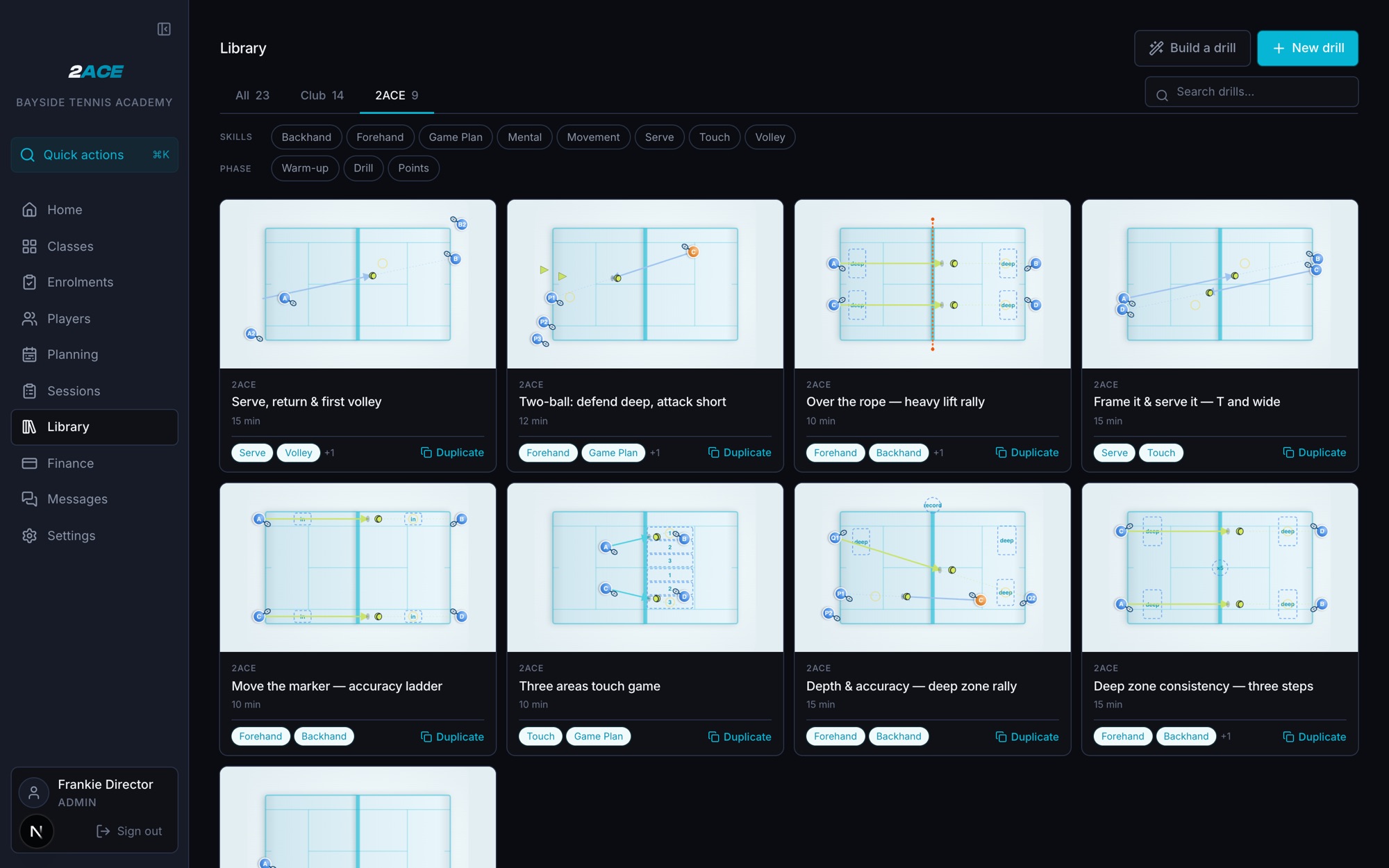 The drill library in 2ACE: a grid of animated court diagrams, each tagged with the skills it works.